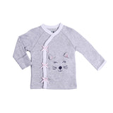 Baby Girl 3-Piece Set. Size Preemie, Girl Pajama Bundle Includes Long-Sleeve Gray Kitty Kimono Style Top, White-Stripes Footie Pants and Matching Hat Jammies Outfit.