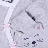 Baby Girl 3-Piece Set. Size Preemie, Girl Pajama Bundle Includes Long-Sleeve Gray Kitty Kimono Style Top, White-Stripes Footie Pants and Matching Hat Jammies Outfit.