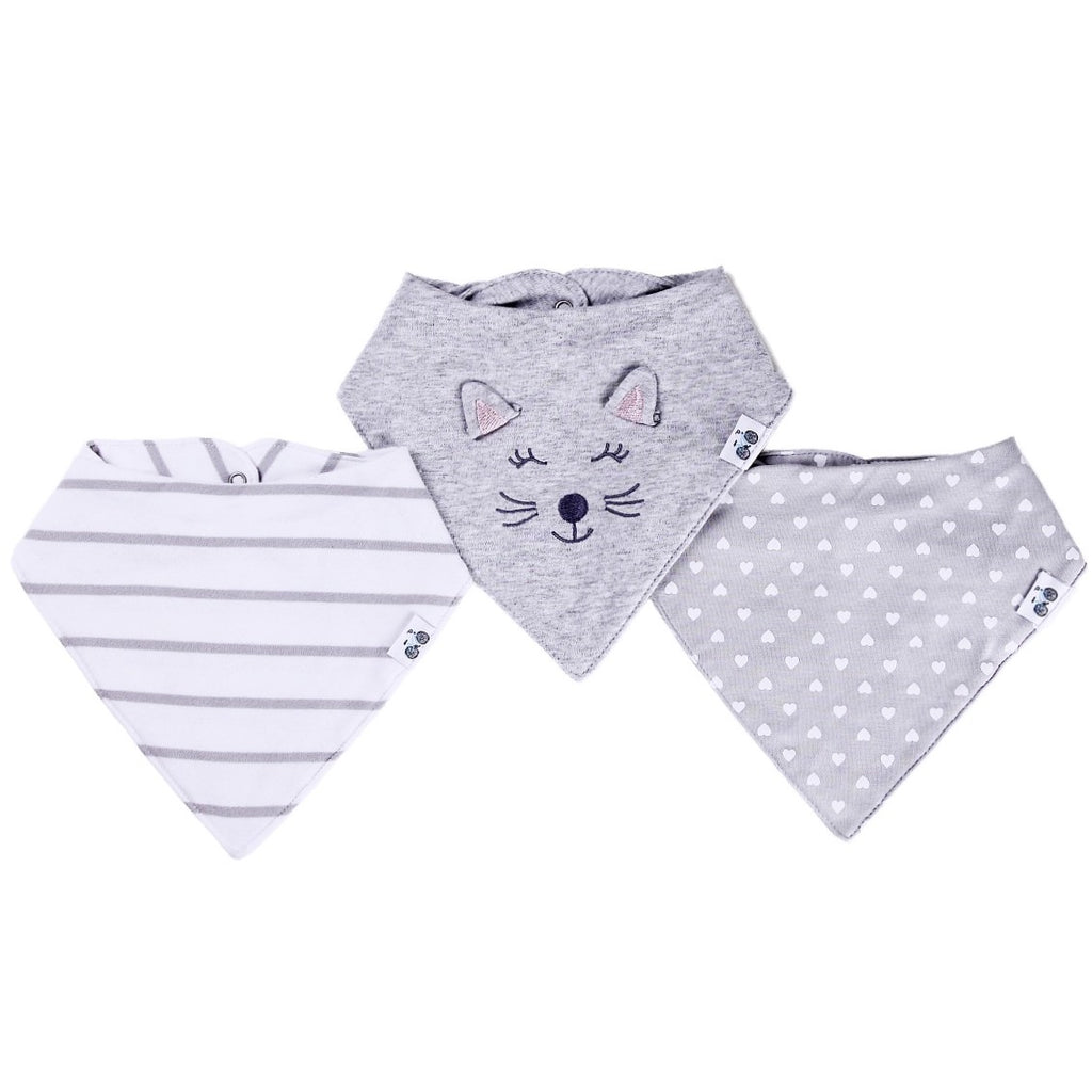 Bandana Bibs Set (Gray and White Stripes, Kitty with 3d ears, and polka heart