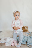 Baby Girl 3-Piece Set. Size Preemie, Girl Pajama Bundle Includes Pink Heart Long-Sleeve Kimono Style Top, White-Stripes Footed Pants and Matching Hat Jammies Outfit.