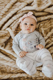 Baby Girl 3-Piece Set. Size Preemie, Girl Pajama Bundle Includes Long-Sleeve Gray Kitty Kimono Style Top, White-Stripes Footie Pants and Matching Hat Jammies Outfit.