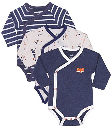 Baby Boy 3-Pack Long-Sleeve Kimono Bodysuit Set, Infant Boy Bundle Includes Blue Fox Onesie, Arrow Bodysuit and Navy-Striped Outfit