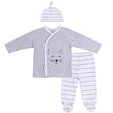 Baby Outfit with Kimono Style Top, Knotted Hat and Striped Footies