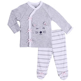 Baby Girl 3-Piece Set. Size Preemie, Girl Pajama Bundle Includes Long-Sleeve Gray Kitty Kimono Style Top, White-Stripes Footie Pants and Matching Hat Jammies Outfit.