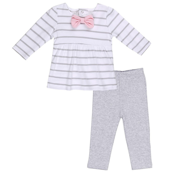 Baby Outfit with Striped Tunic and Double Bow detail and Heather Gray Pants