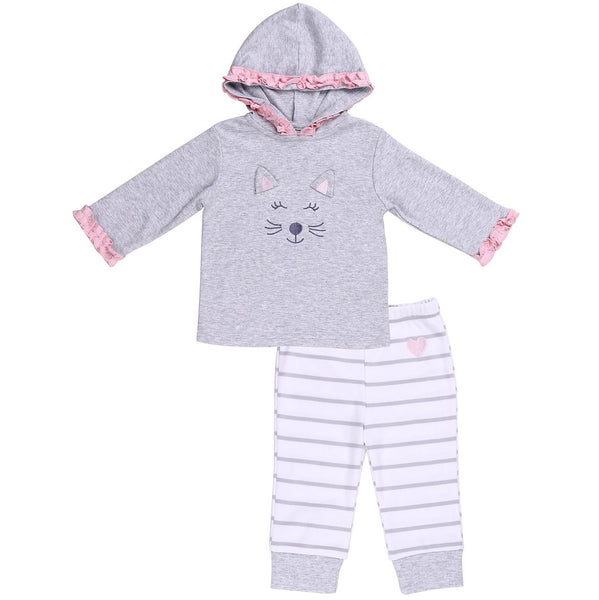 Baby Hoodie with Ruffle Trim and Bear Embroidery and Striped Pants