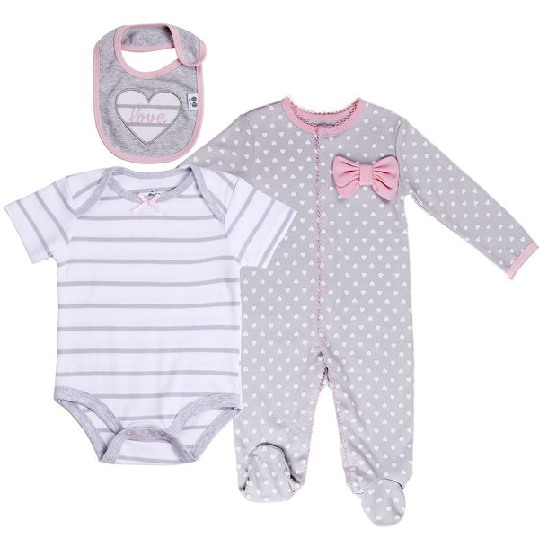 Baby Layette Set with Polka Heart Footie, Bodysuit and Bib