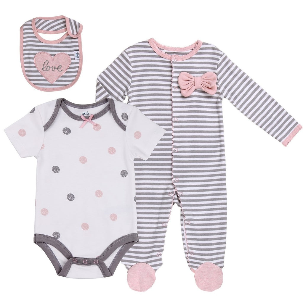 Baby Layette Set with Striped Footie, Bodysuit and Bib