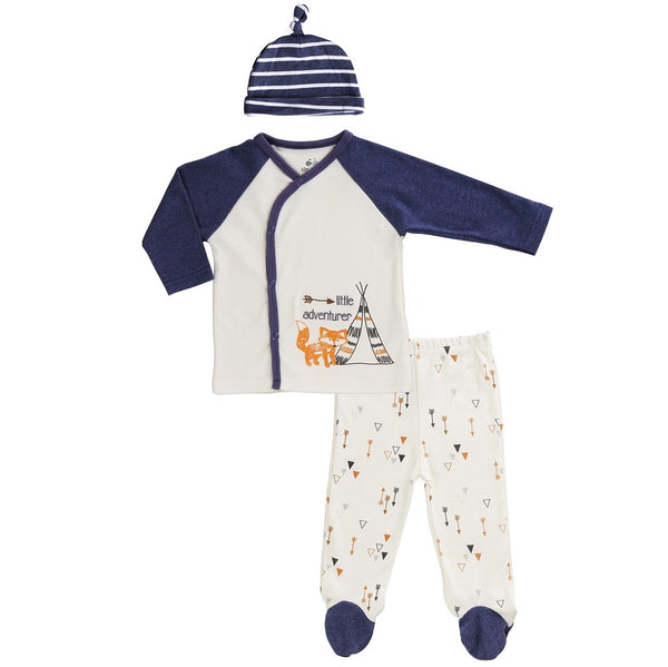 Baby Set with Kimono Top, Striped Cap and Footed Pants