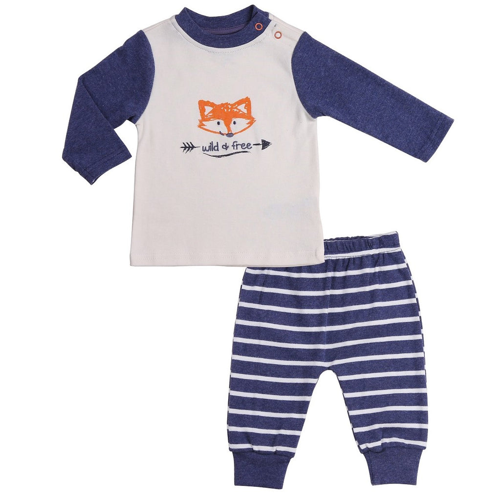 Baby outfit with white "wild & free" tee and navy striped pants
