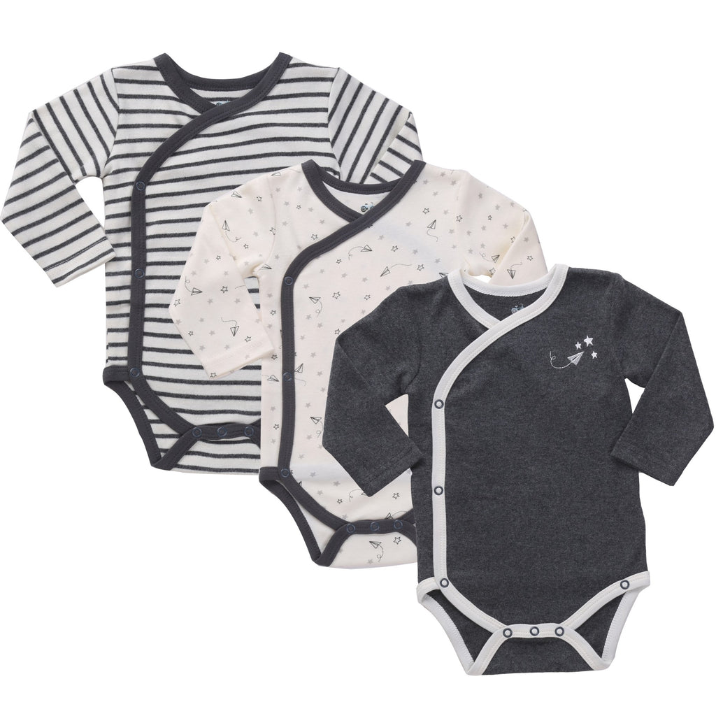 Baby Boy's 3-Pack Long-Sleeve Kimono Bodysuit Set -Side Snap Infant Bundle