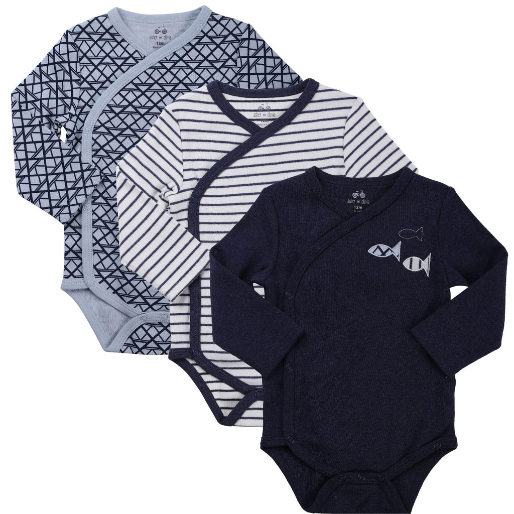 Baby Boy's 3-Pack Long-Sleeve Kimono Bodysuit Set -Side Snap Infant Bundle…