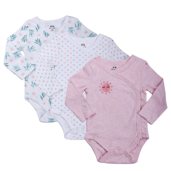 Baby Girl's 3-Pack Long-Sleeve Kimono Bodysuit Set -Side Snap Infant Bundle Leaves, Sun Dot