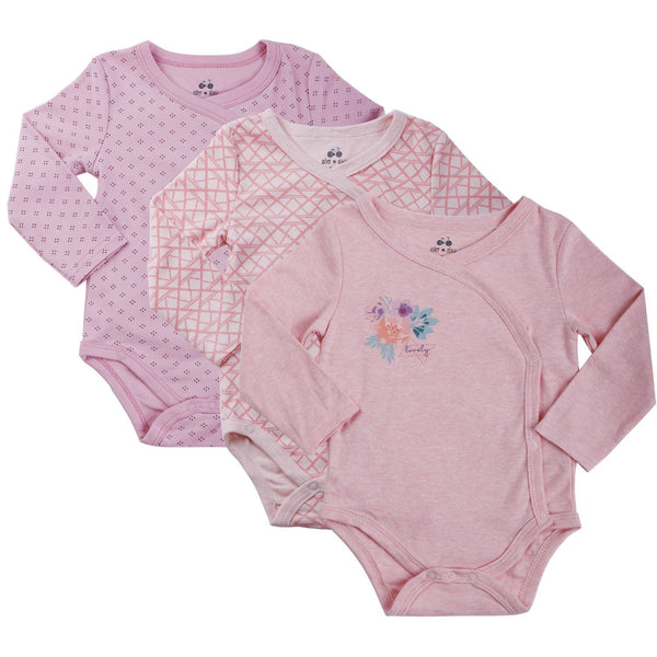 Baby Girl's 3-Pack Long-Sleeve Kimono Bodysuit Set -Side Snap Infant Bundle