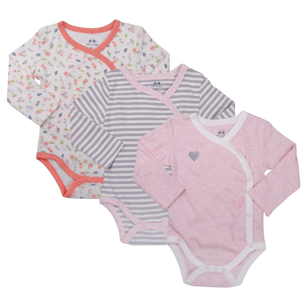 Baby Girl's 3-Pack Long-Sleeve Kimono Bodysuit Set -Side Snap Infant Bundle