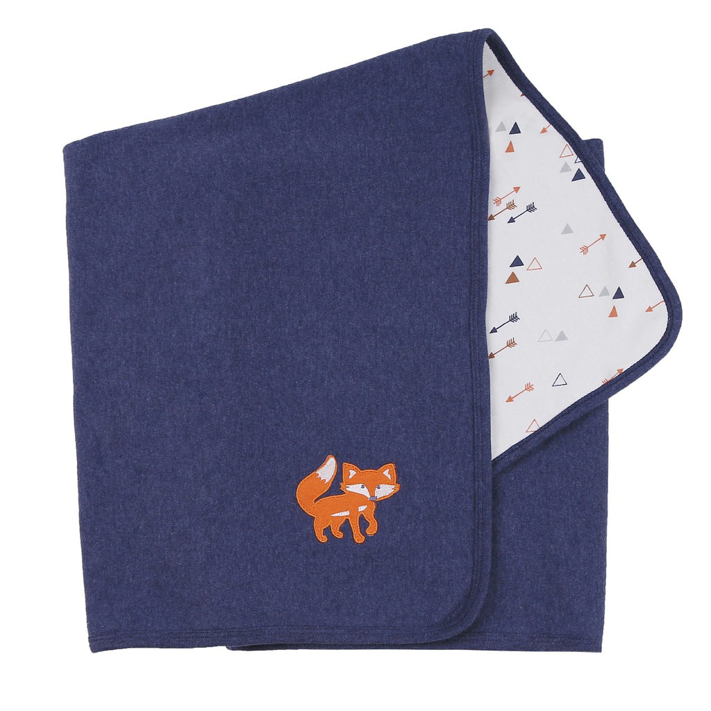 Fox Embroidery on Navy Blanket with Arrow Print