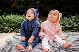 Baby Boy-Girl Twins modeling matching animal hoodies